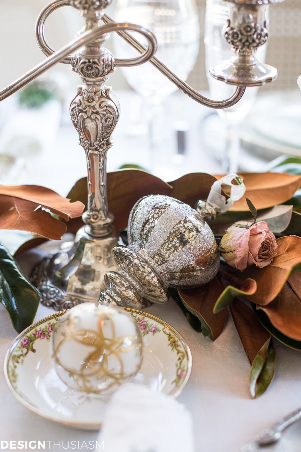 Holiday Table Settings: White Roses and Magnolia Leaves
