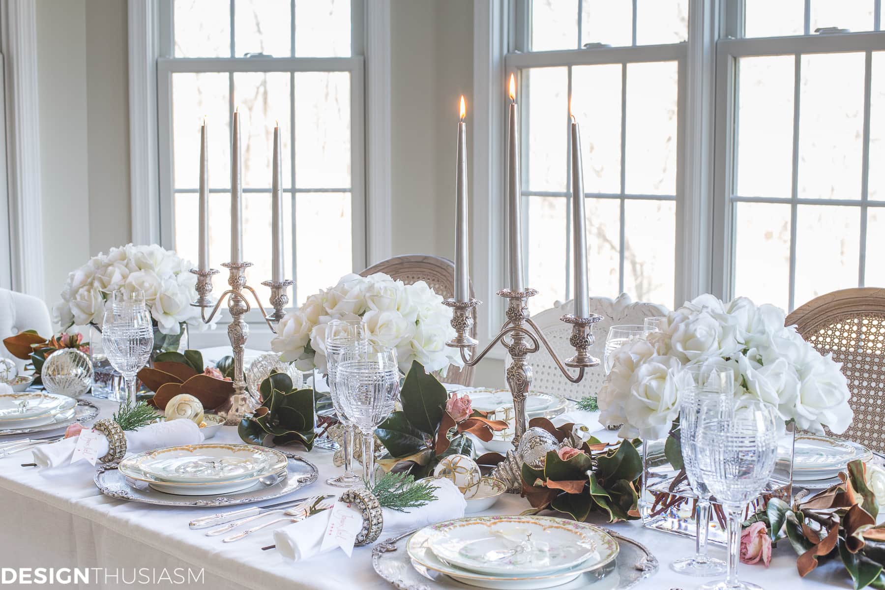 Holiday Table Settings: White Roses and Magnolia Leaves