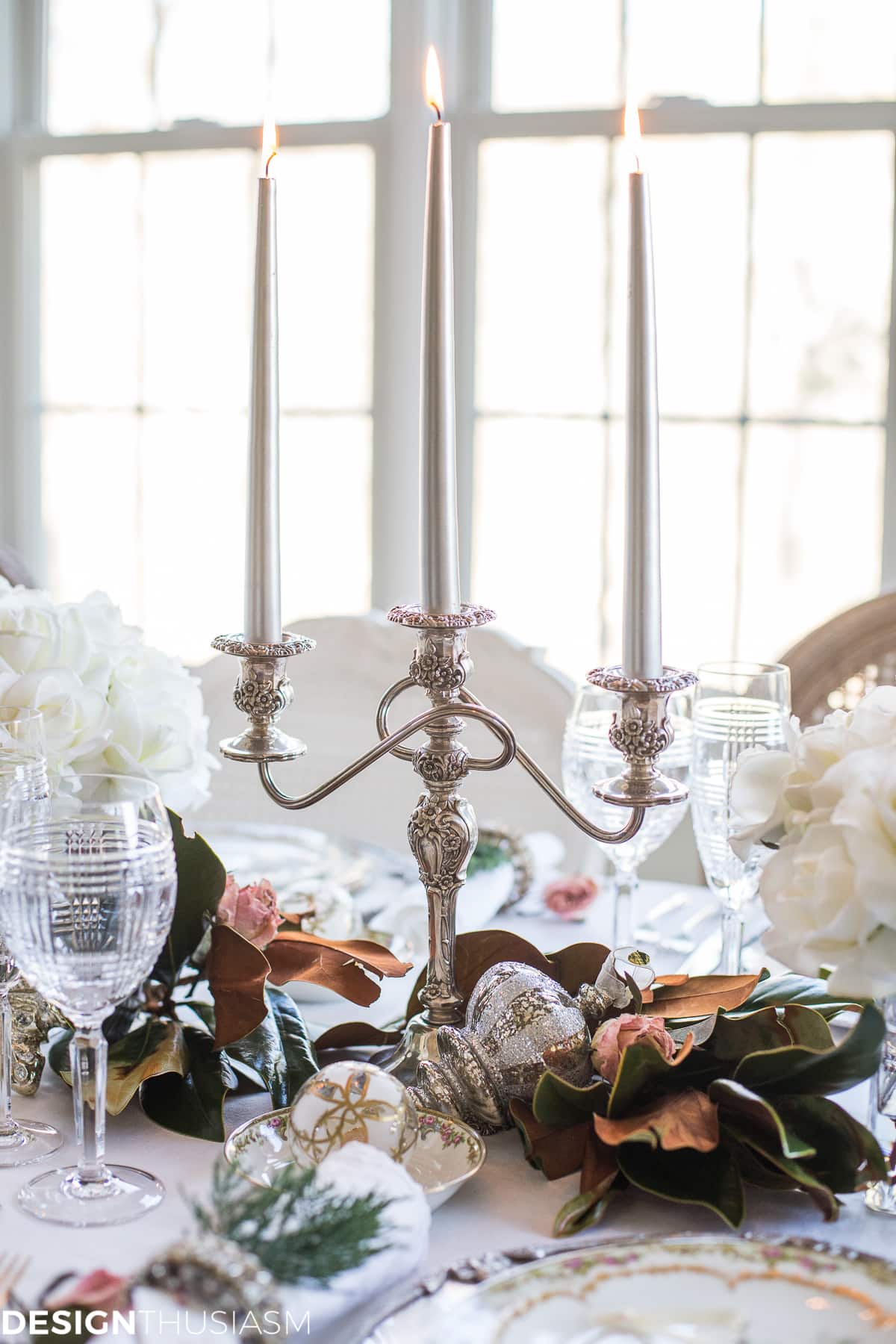 Holiday Table Settings: White Roses and Magnolia Leaves