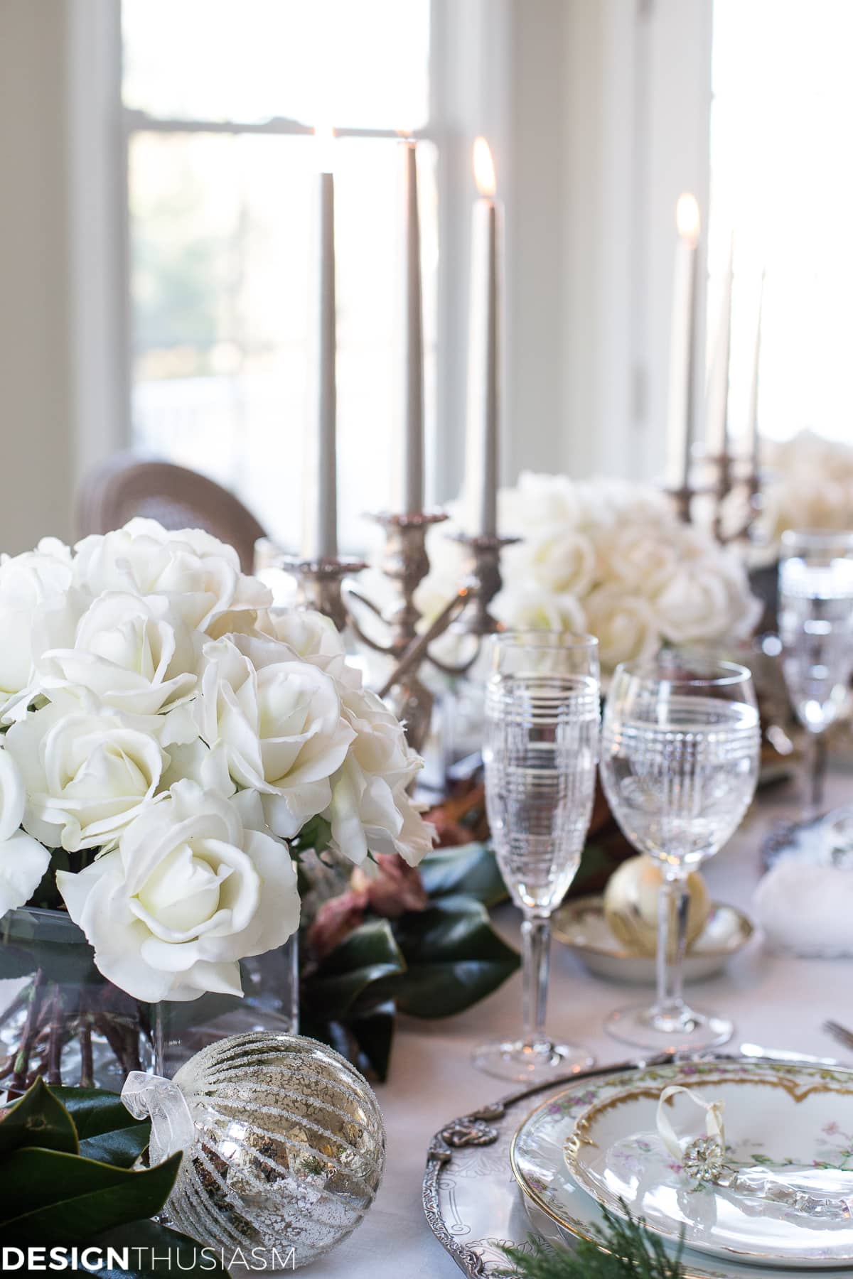 Holiday Table Settings: White Roses and Magnolia Leaves