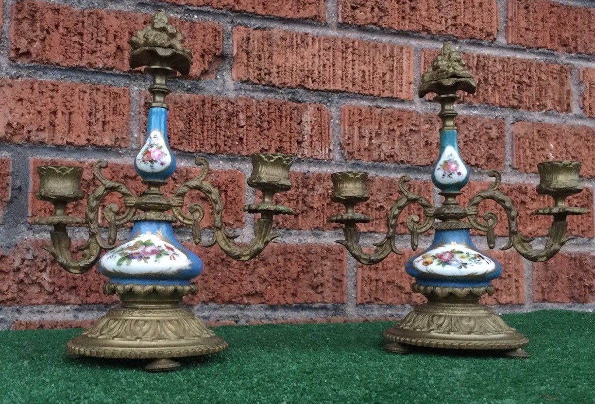 Antique French Bronze & Porcelain 2 branch candelabra