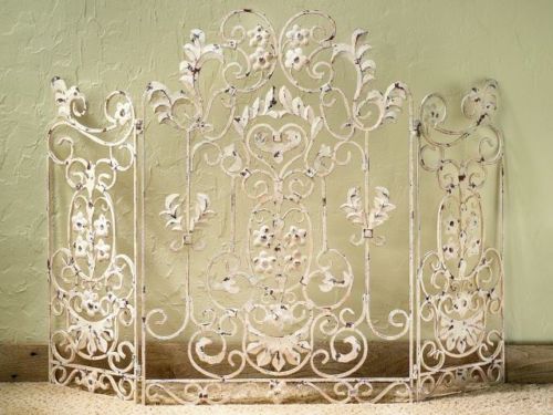 Antique White Iron Floral Fireplace Screen