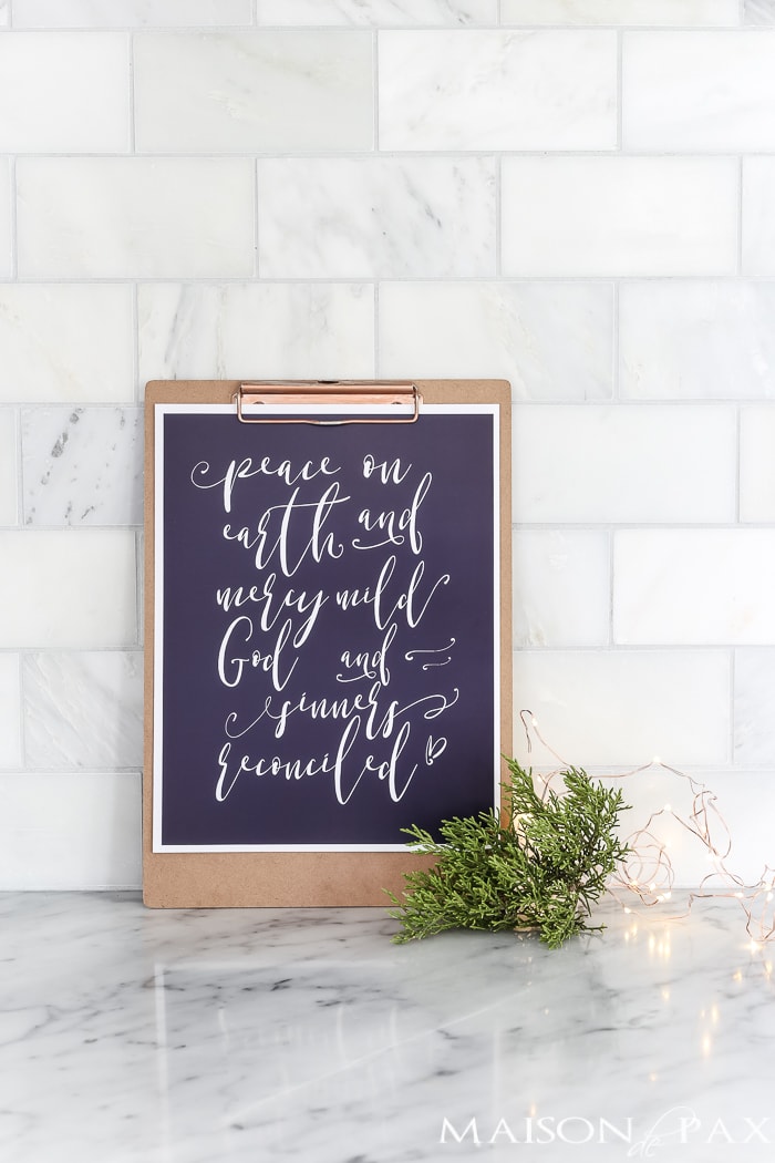 navy and white peace on earth christmas printable