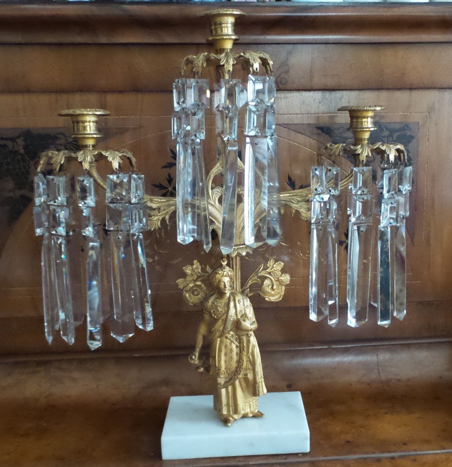 ANTIQUE CRYSTAL GOLD PLATED GIRANDOLE CANDELABRA
