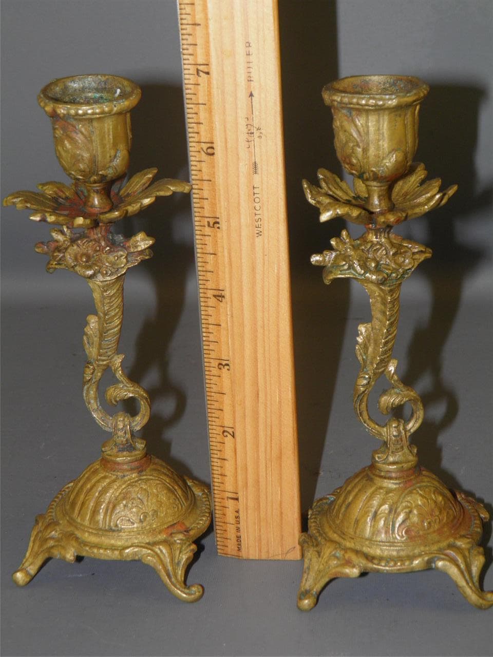 ANTIQUE FRENCH ROCOCO ORNATE BRONZE PAIR CANDLESTICKS