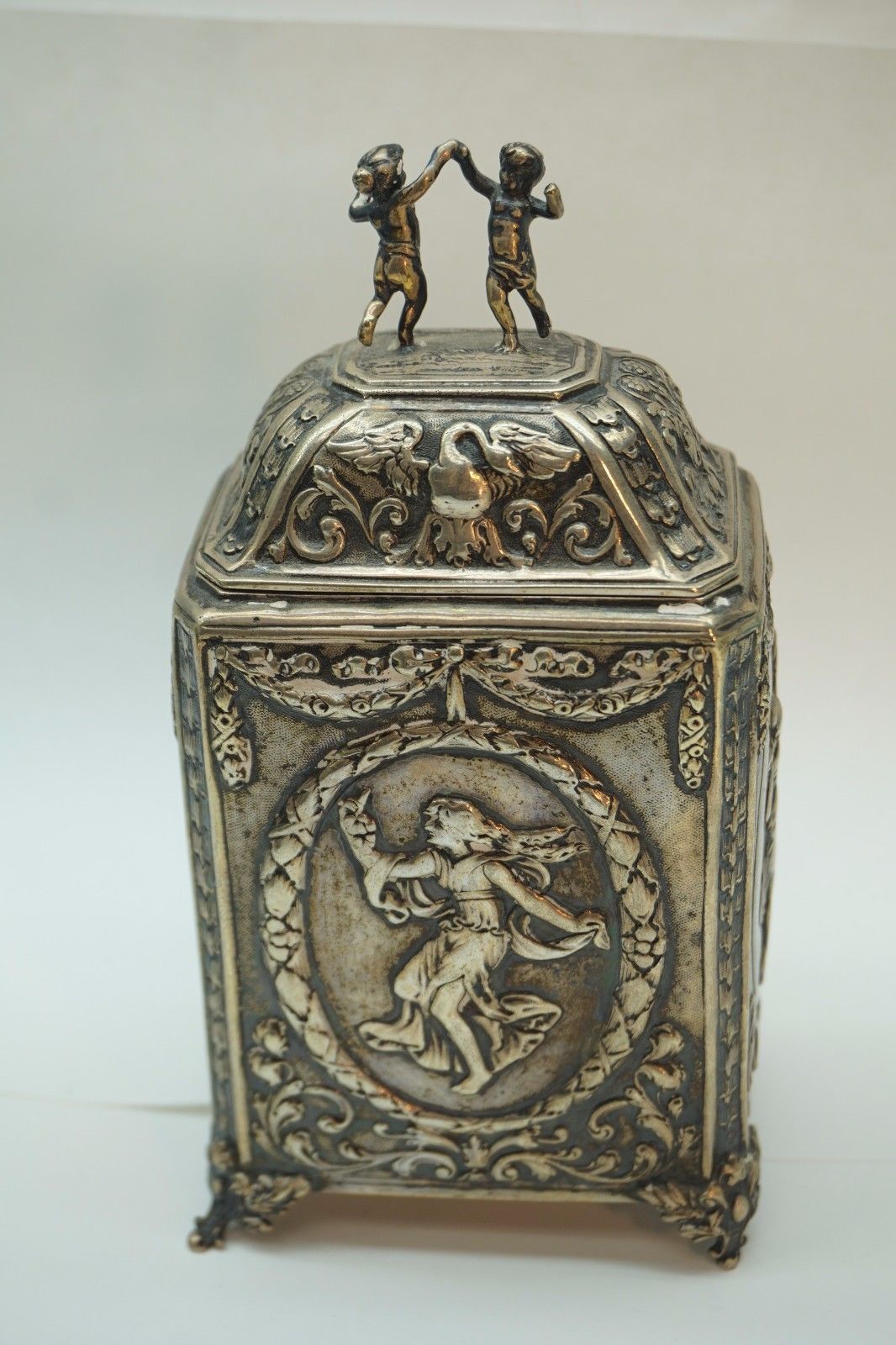 ANTIQUE STERLING SILVER TEA CADDY ART NOUVEAU REPOUSSE