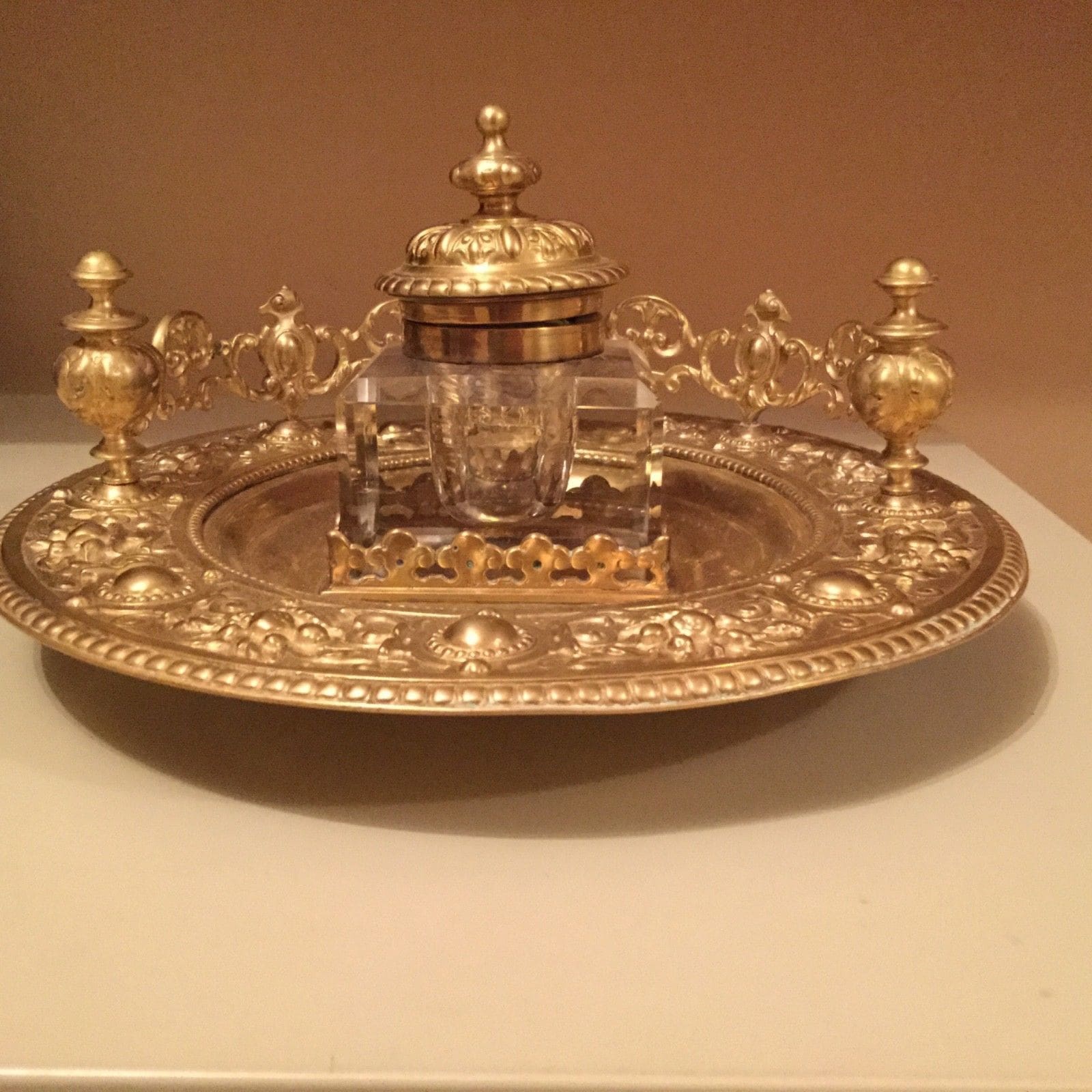 Antique French 19th century crystal inkwell with ornate and elegant bronze base