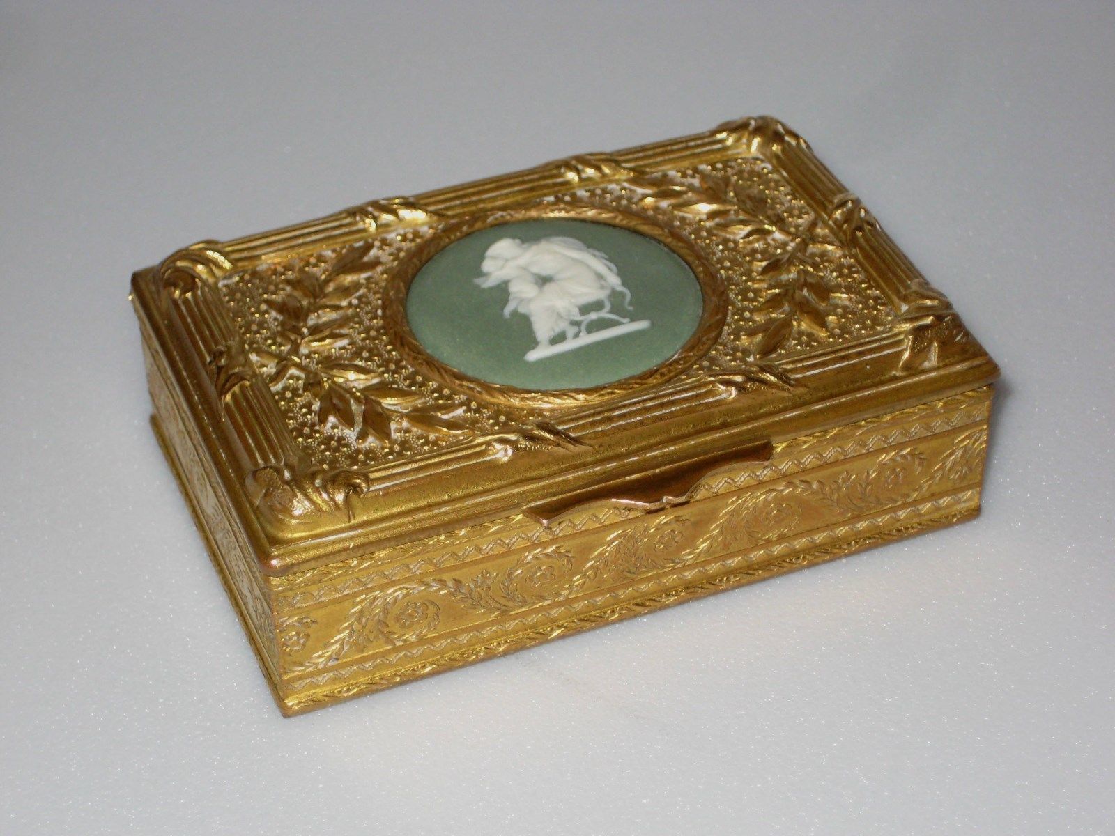 Antique French Gilded Metal Box with Signed English Wedgwood Medallion