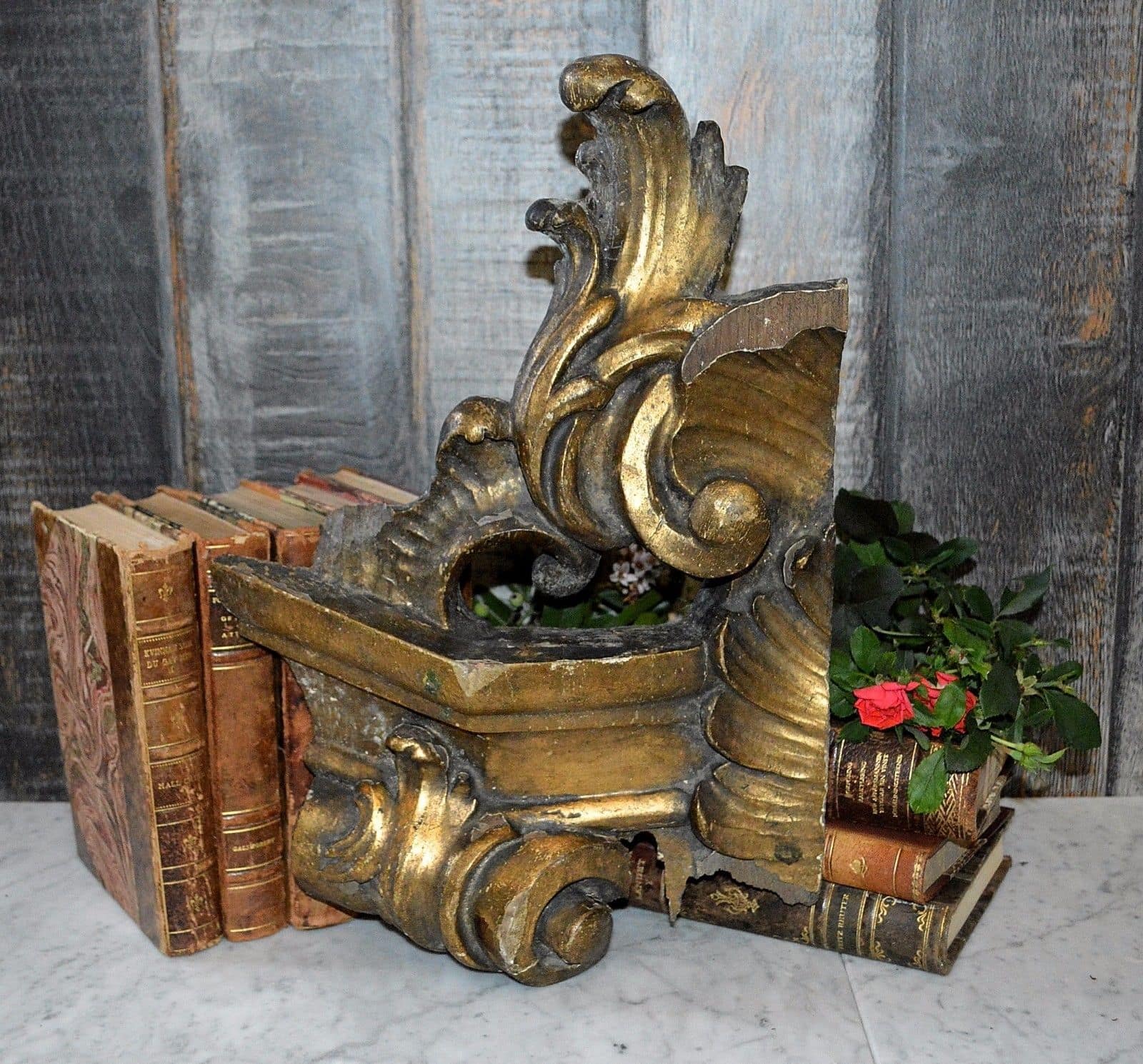 Antique French Large Carved Wood Fragment Pediment Gilded Acanthus Scrolls