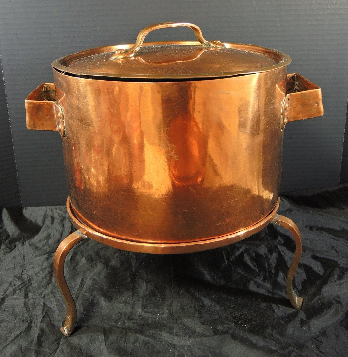 Monumental Antique French Copper Handwrought Stew Pot With Tripod Base