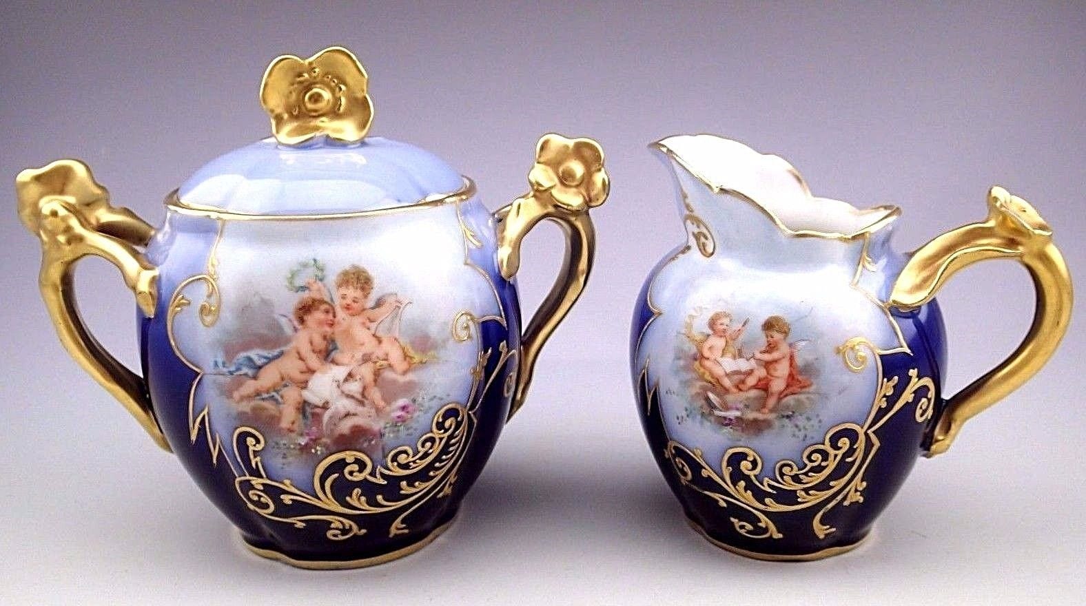 Antique Guerin Limoges French Cherubs Cobalt Gold Sugar Bowl and Creamer