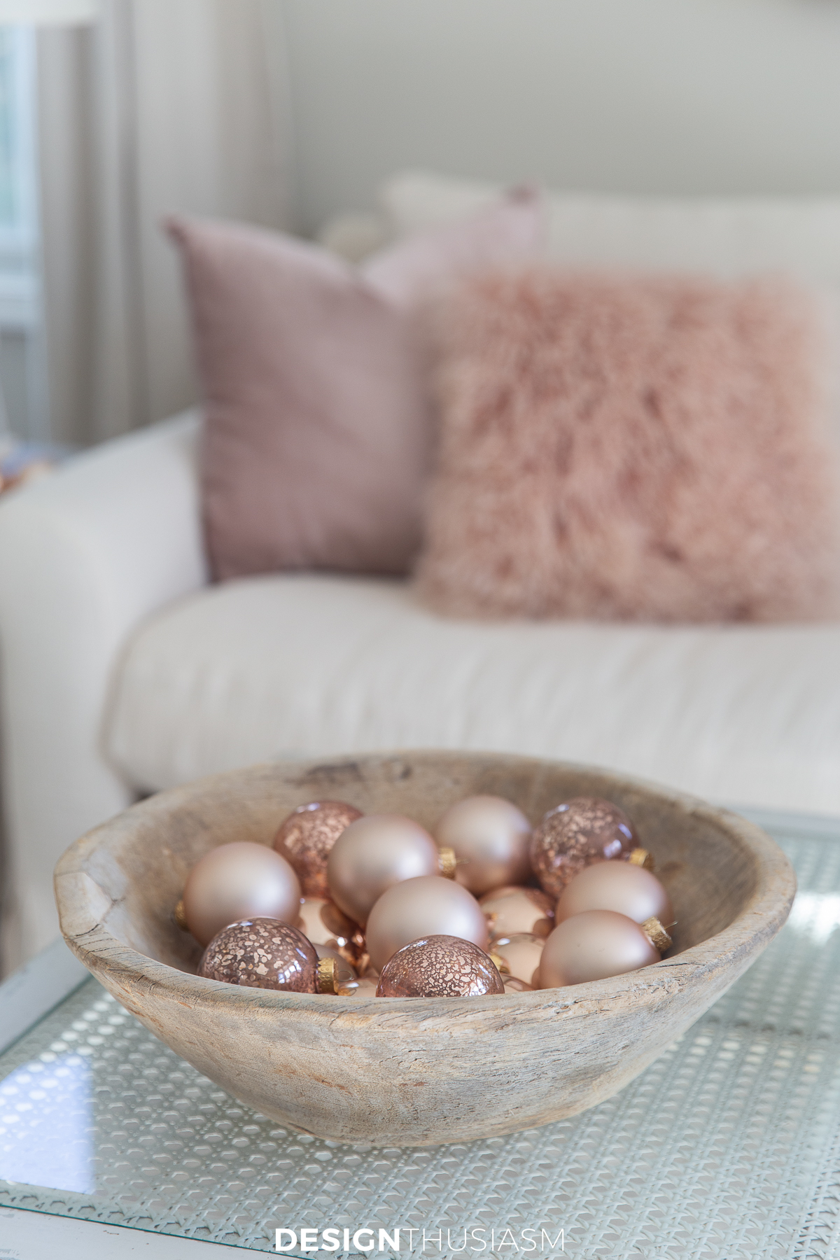 French Country holiday decor ornaments in a wooden bowl