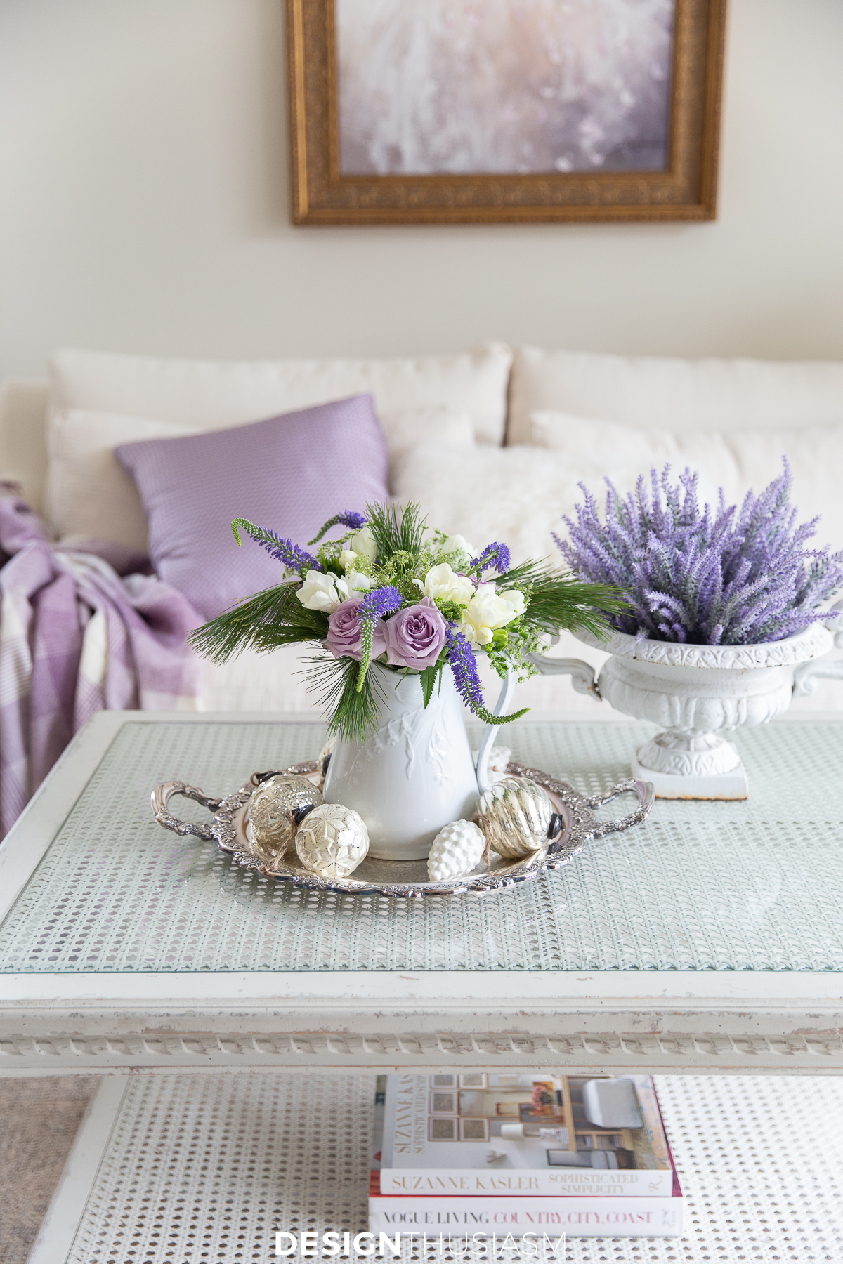 white and lilac winter decor after xmas 