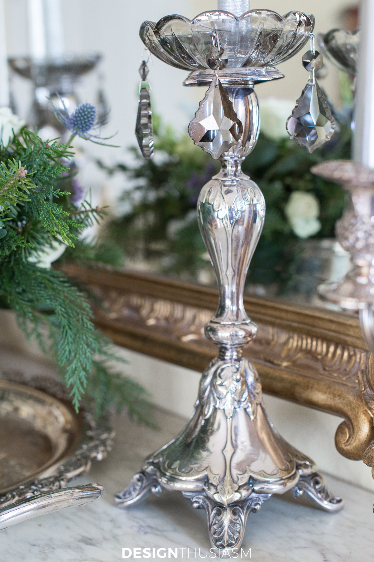 winter decor silver candlestick