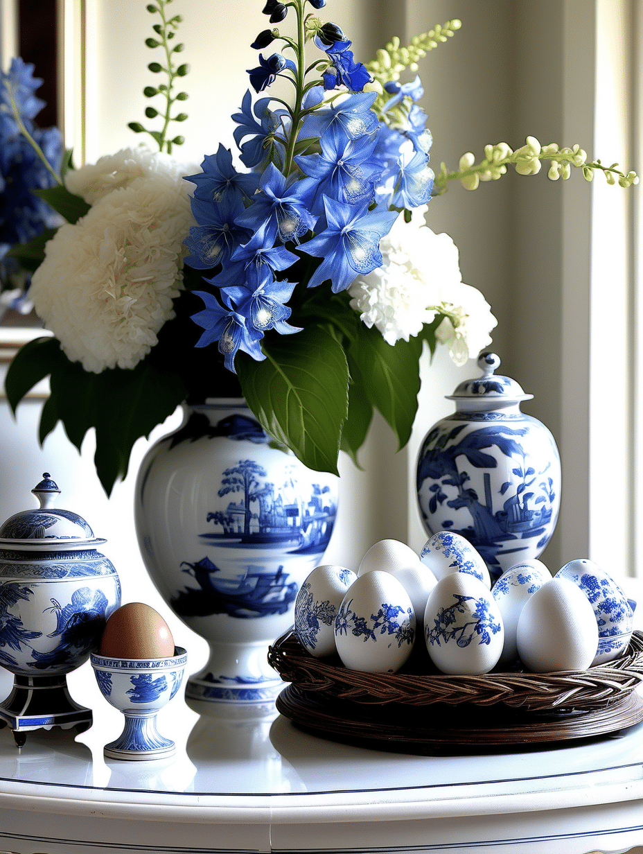 chinoiserie vignette with delphiniums and easter