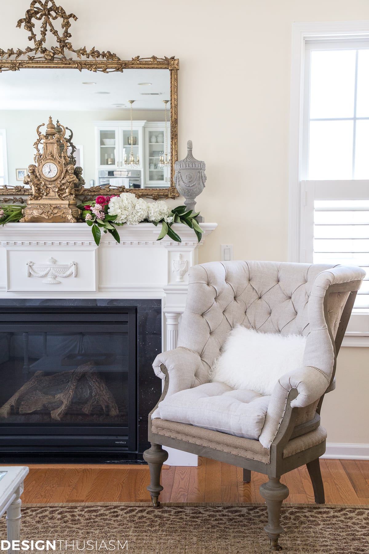 A French style chair accentuates a spring mantel - terilynadamsblog.com