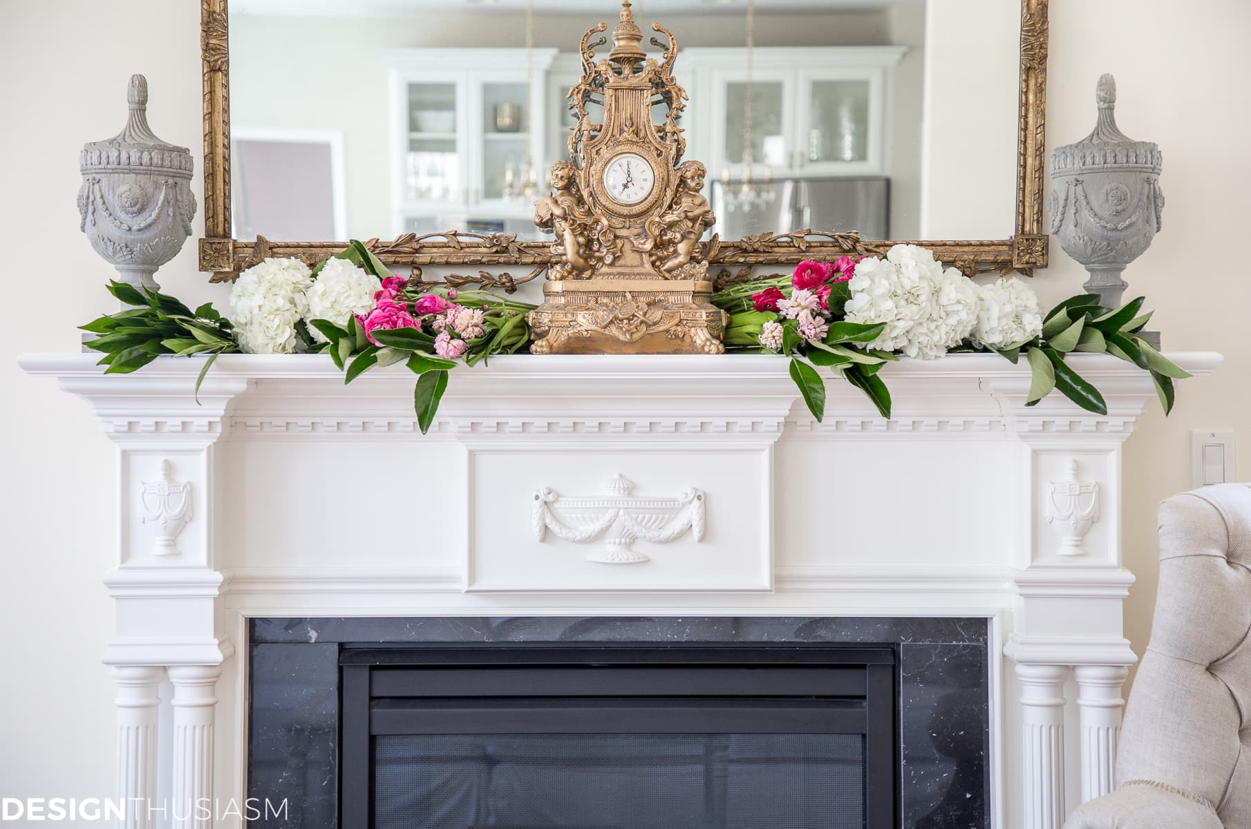 A French style chair accentuates a spring mantel - terilynadamsblog.com