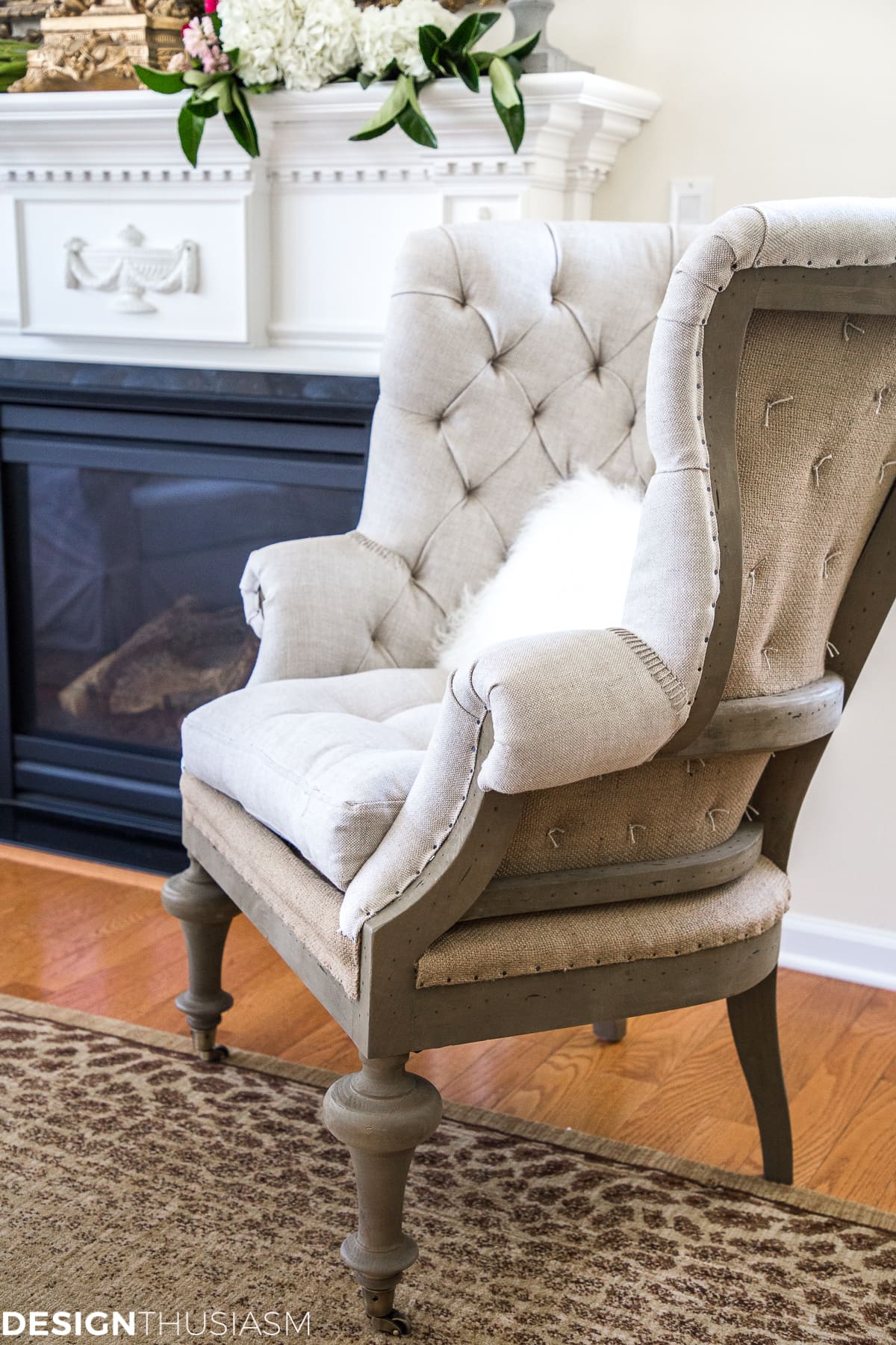 A French style chair accentuates a spring mantel - terilynadamsblog.com