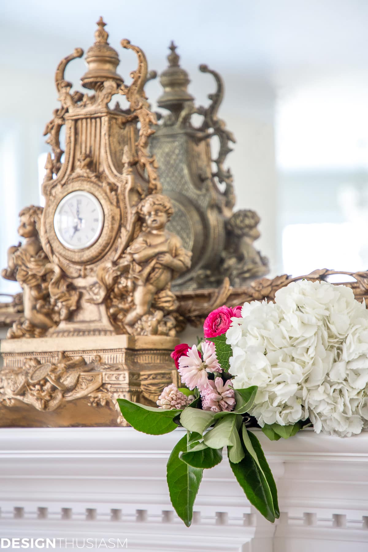 A French style chair accentuates a spring mantel - terilynadamsblog.com