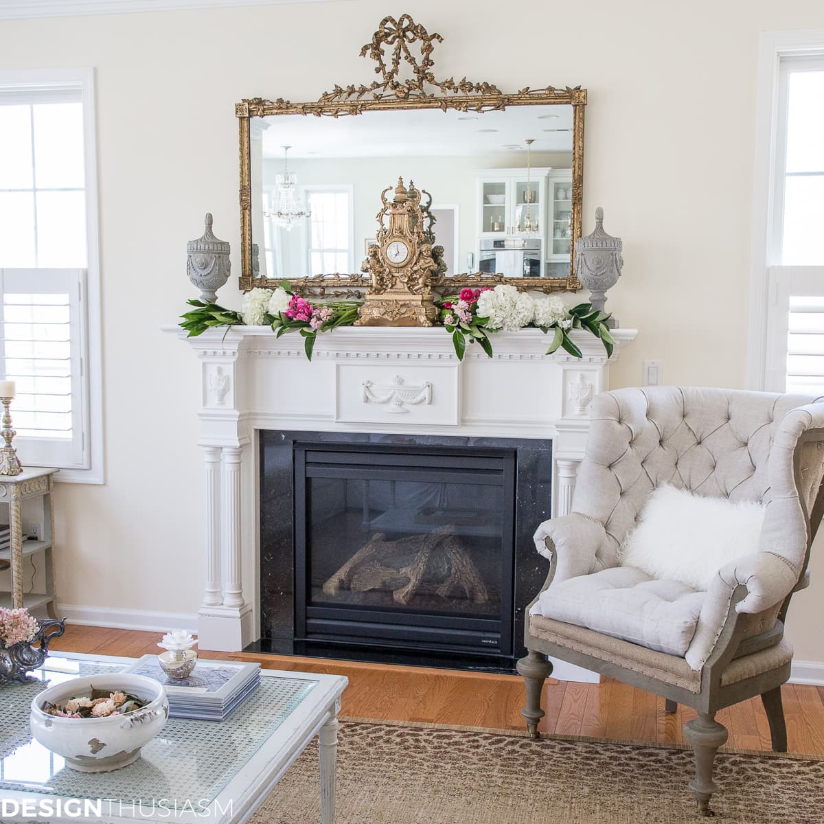 A French style chair accentuates a spring mantel - terilynadamsblog.com