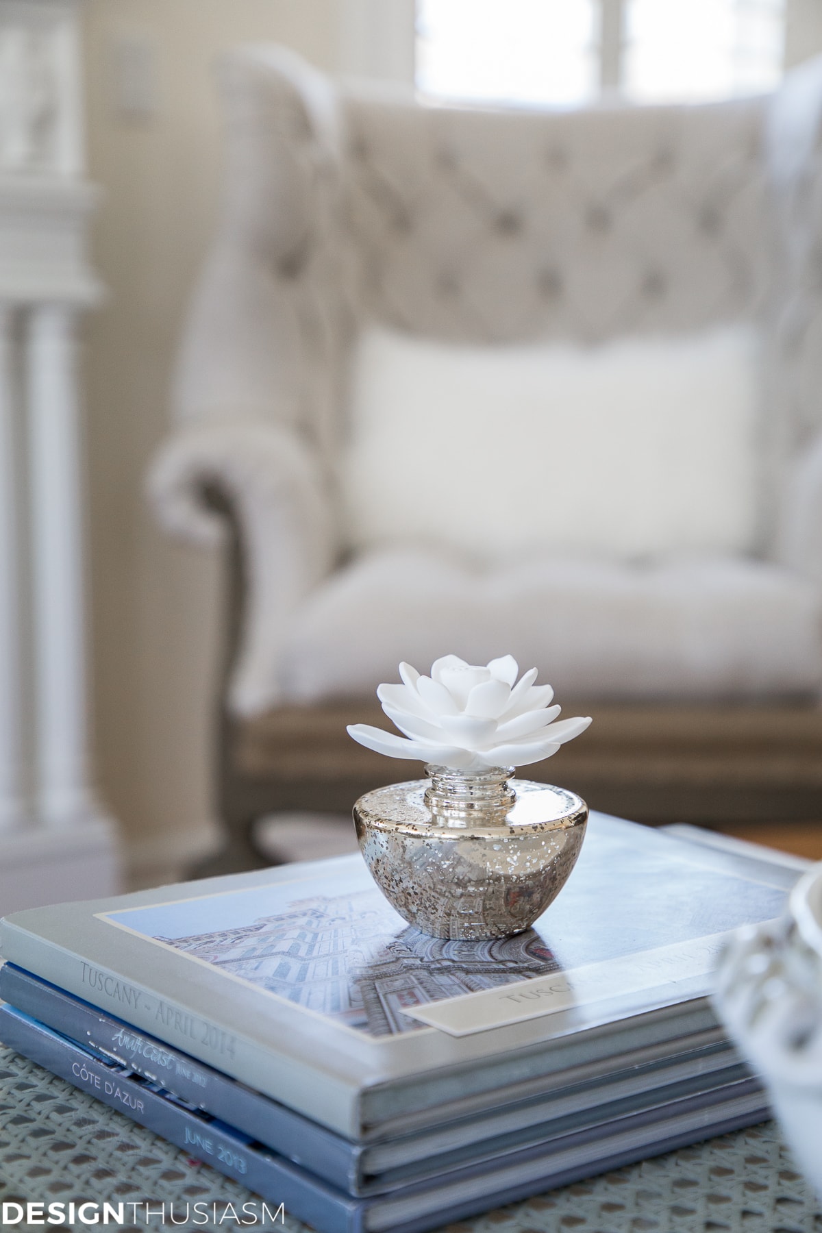A French style chair accentuates a spring mantel - terilynadamsblog.com