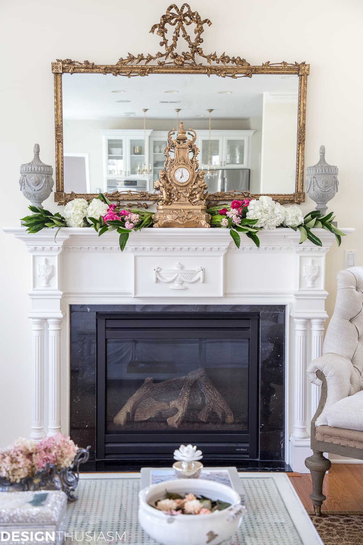 A French style chair accentuates a spring mantel - terilynadamsblog.com