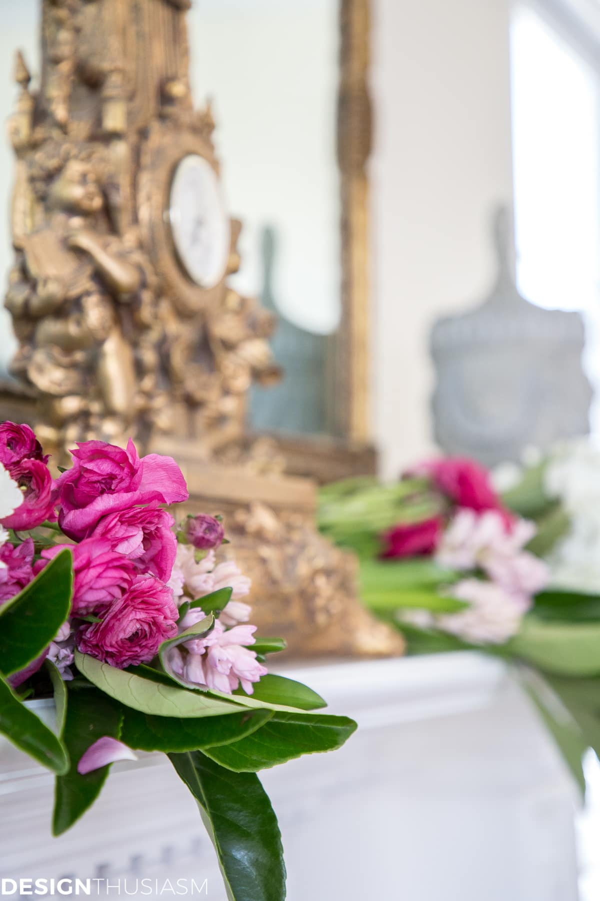 A French style chair accentuates a spring mantel - terilynadamsblog.com