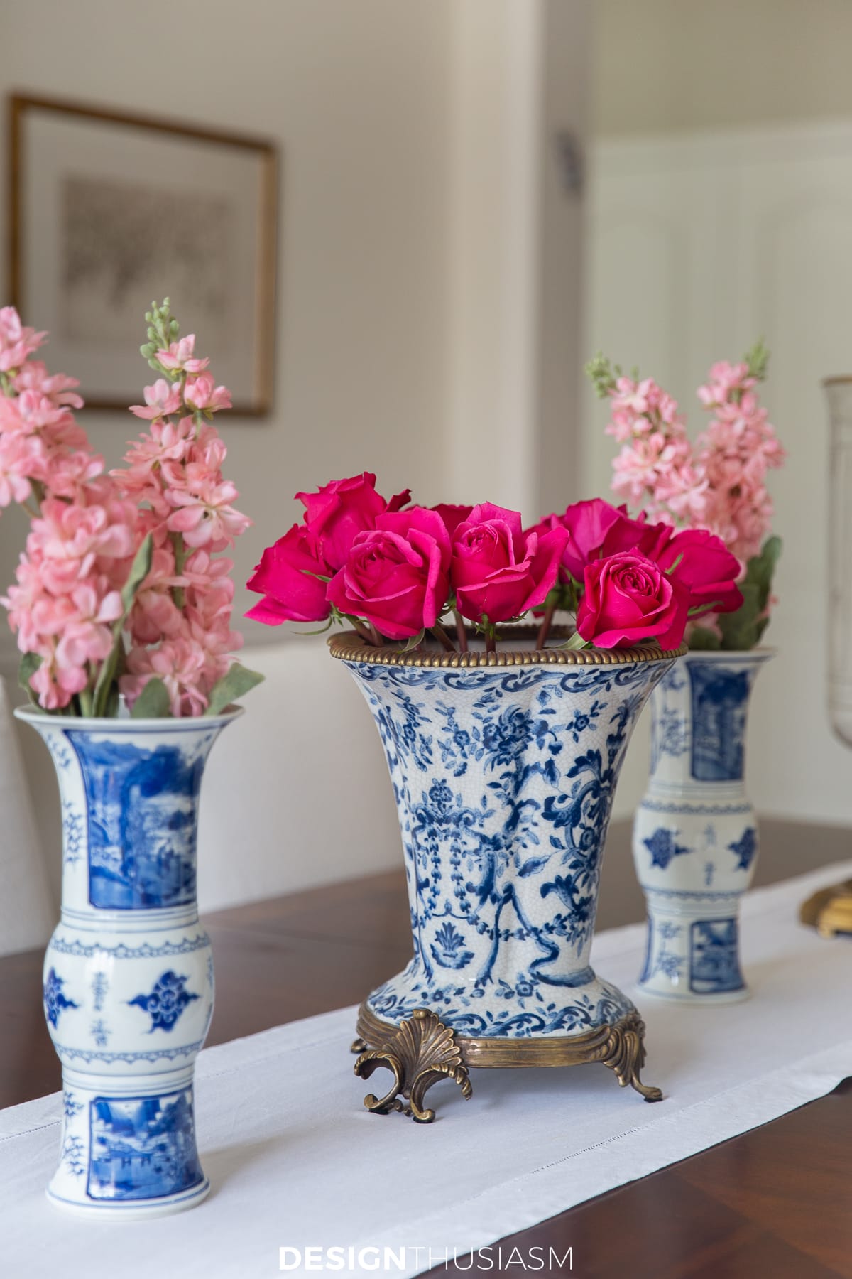 chinoiserie vases with pink spring flowers