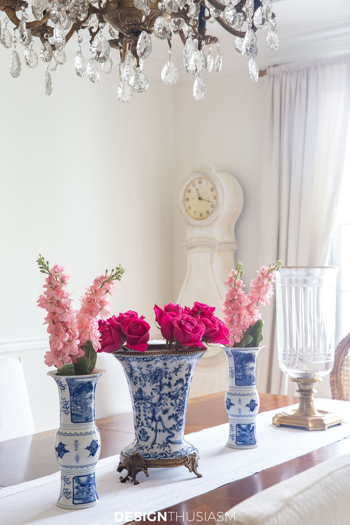 blue and white porcelain vases with pink flowers