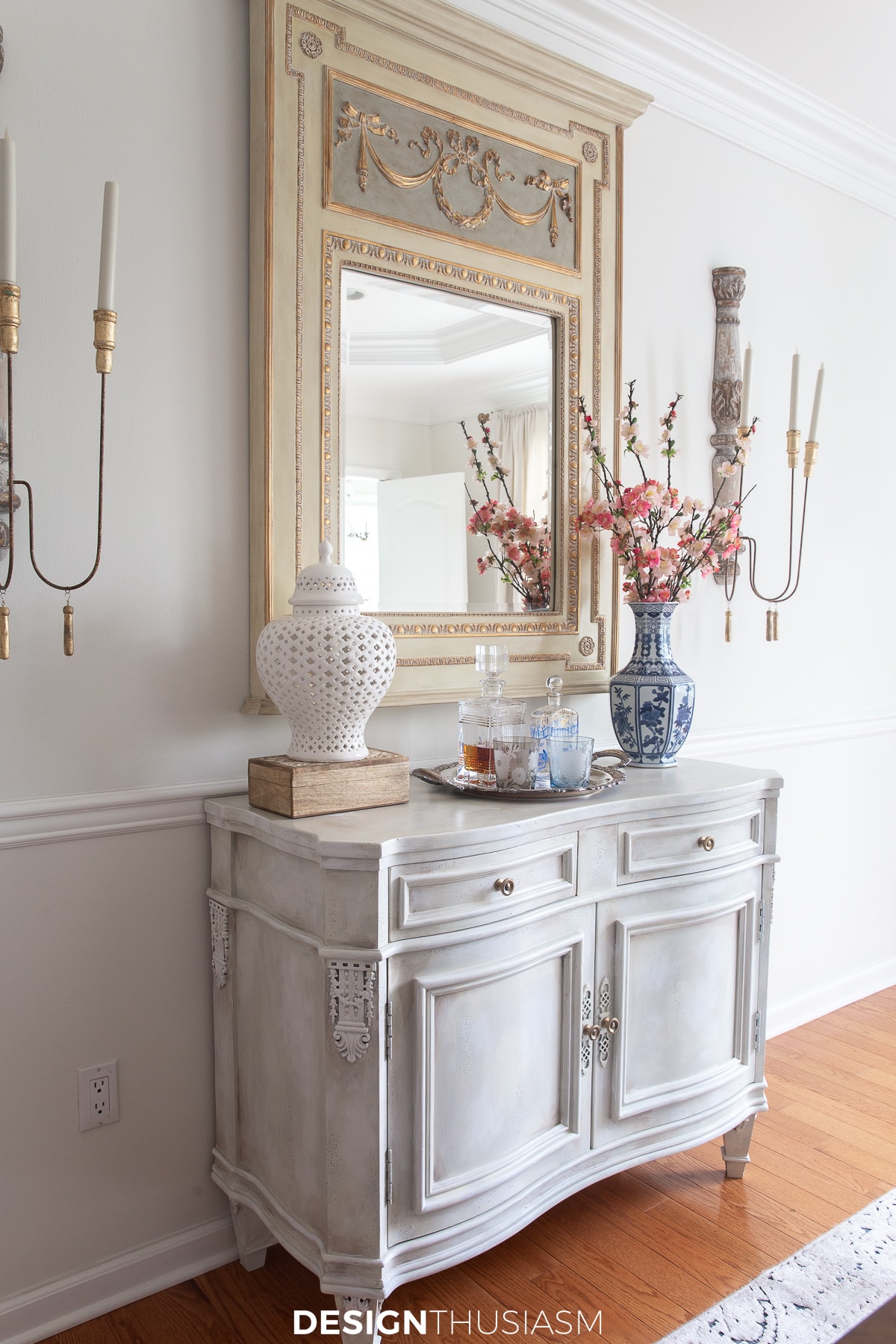 dining room sideboard with spring decor