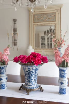 spring flowers in chinoiserie vases on the dining room table