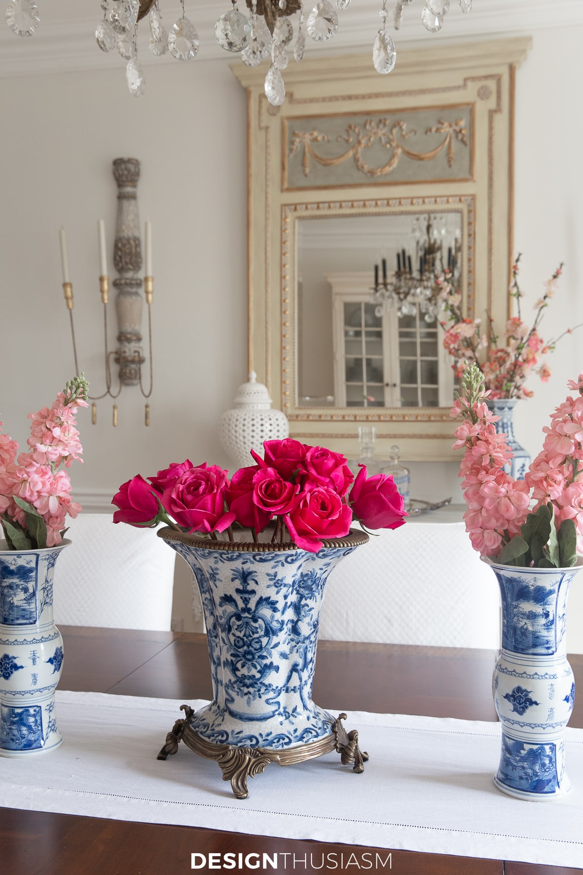 spring flowers in chinoiserie vases on the dining room table