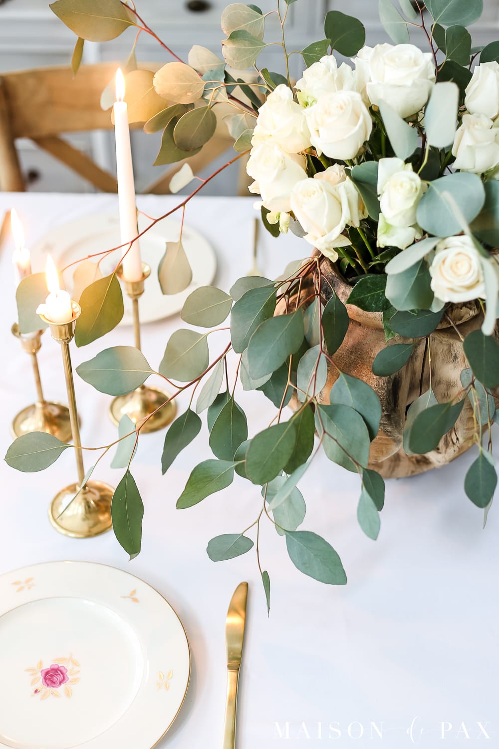 simple easter spring table white roses wood gold