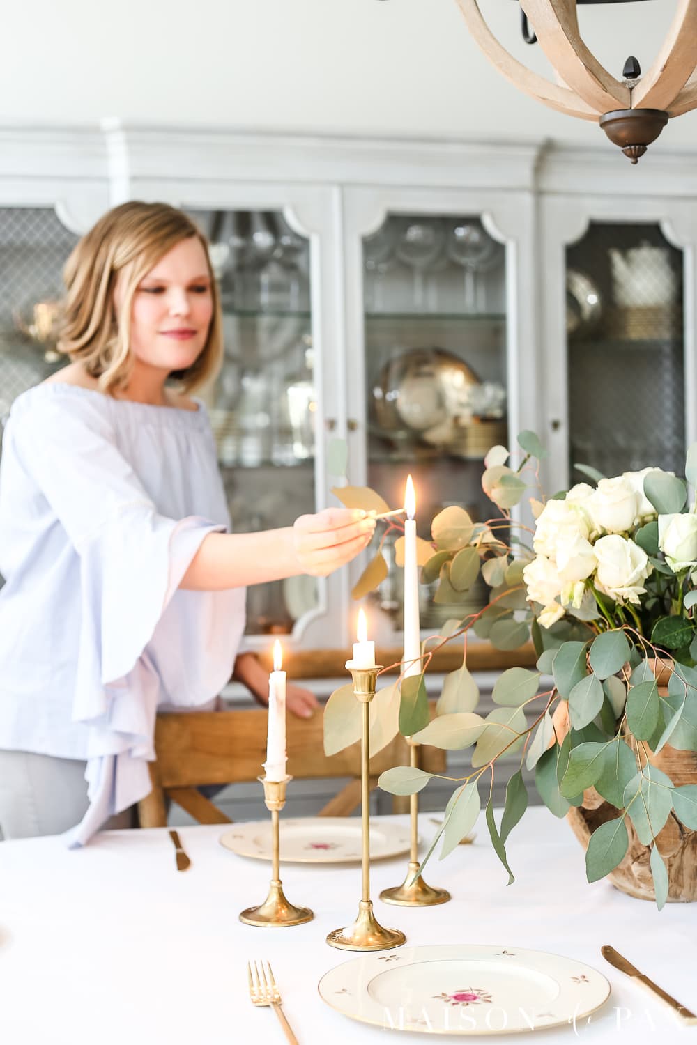 simple easter spring table white roses wood gold