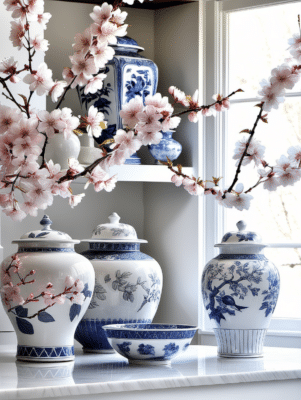 chinoiserie ginger jars with cherry blossoms