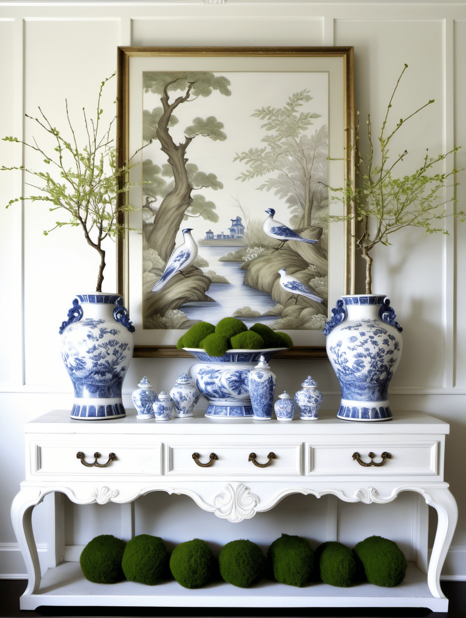 chinoiserie vignette with moss on a console table