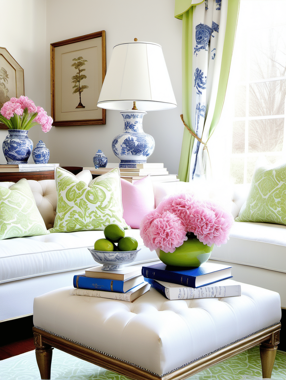 chinoiserie vignette on an ottoman with books as risers