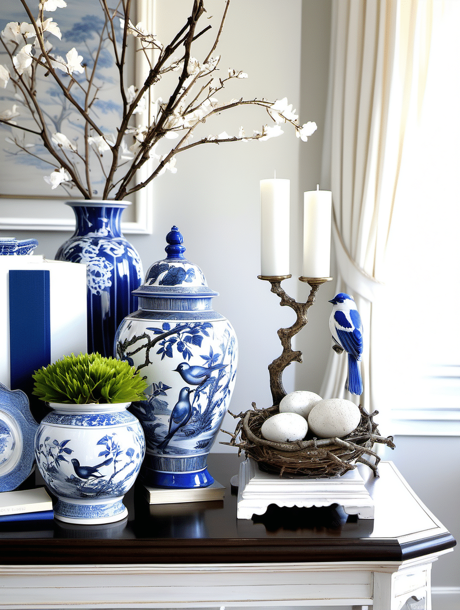 chinoiserie vignette on a side table with eggs in a nest