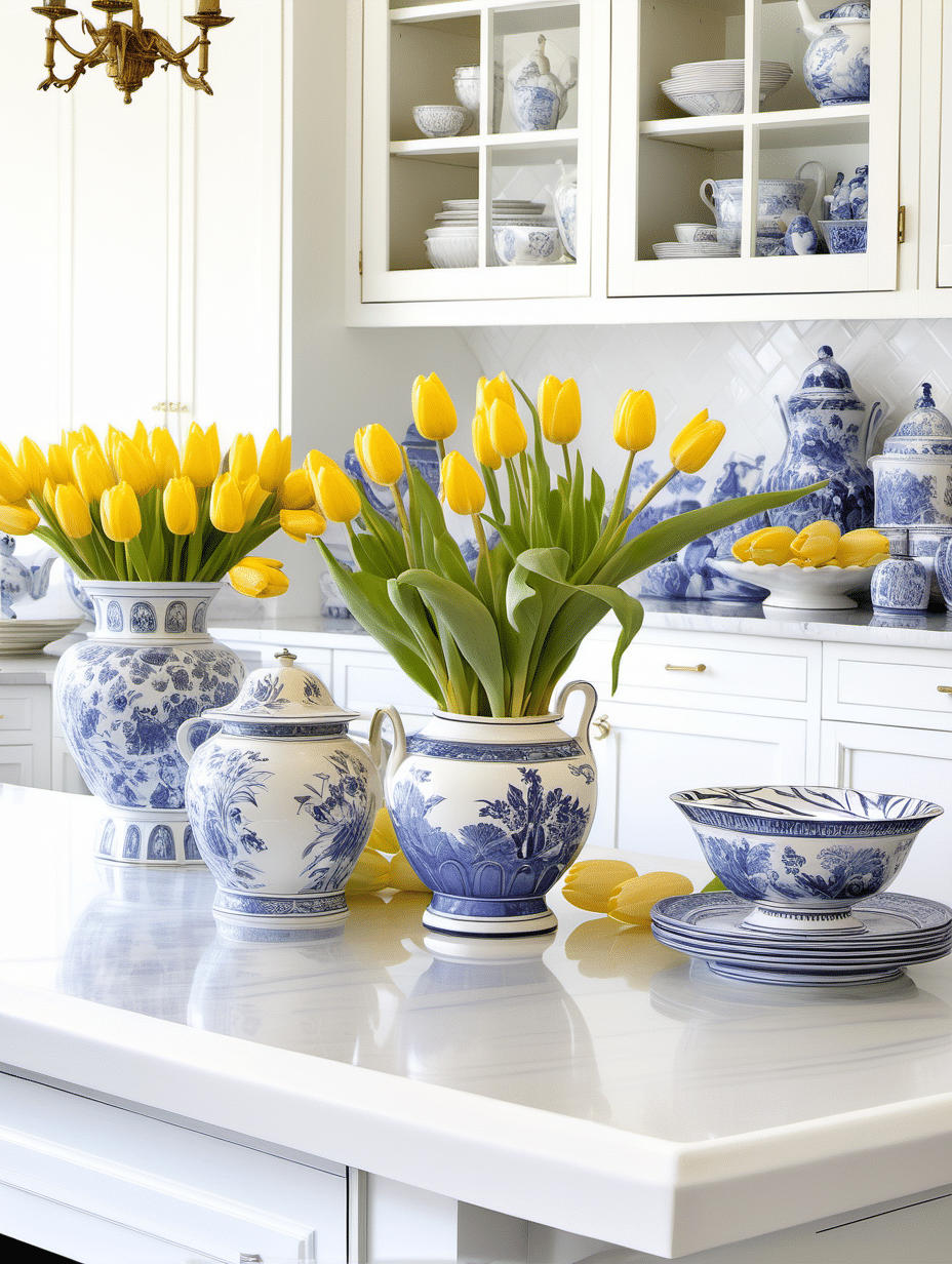 chinoiserie vignette on the kitchen island with yellow tulips