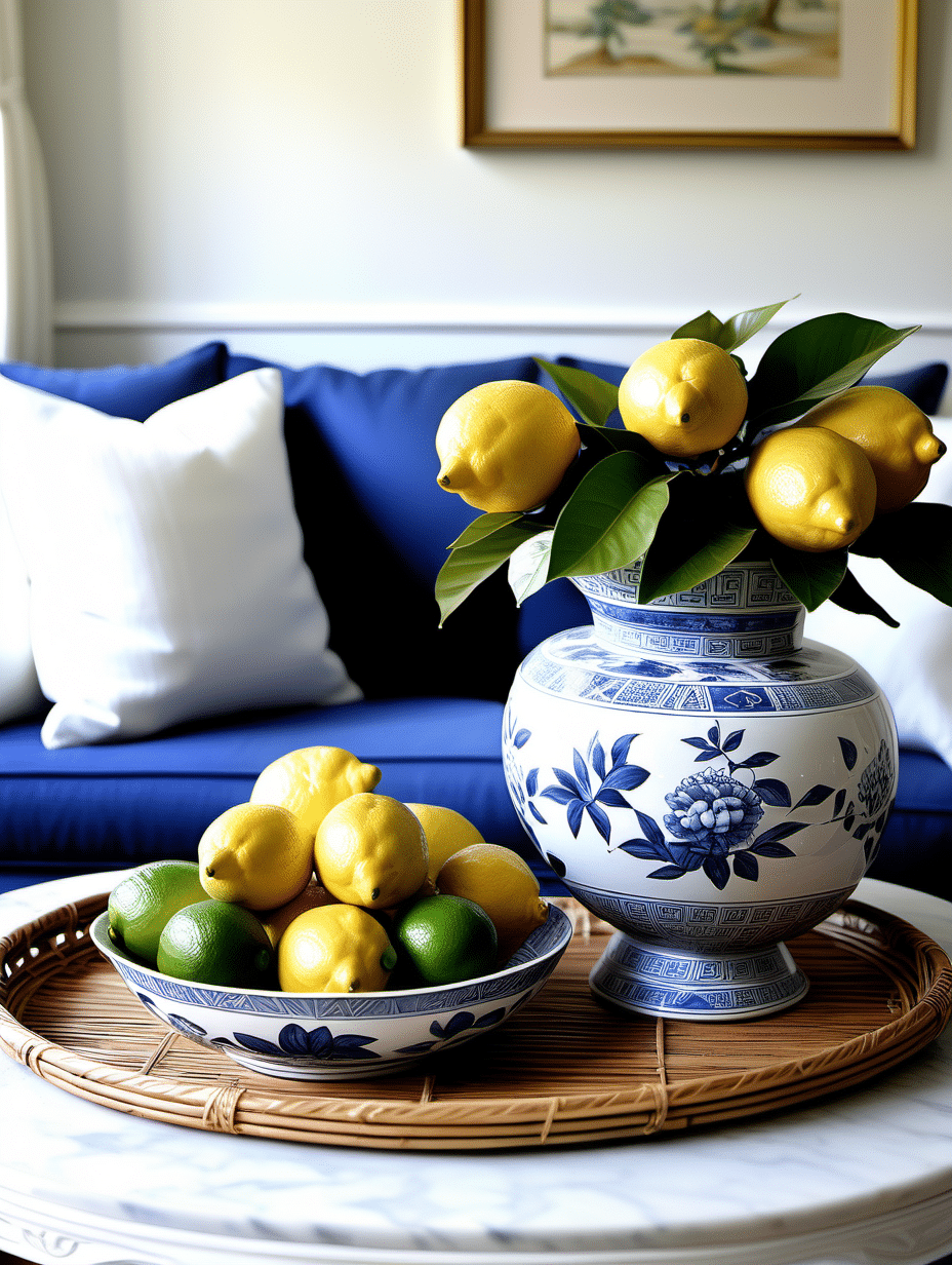 chinoiserie vignette on a coffee table with lemons and limes
