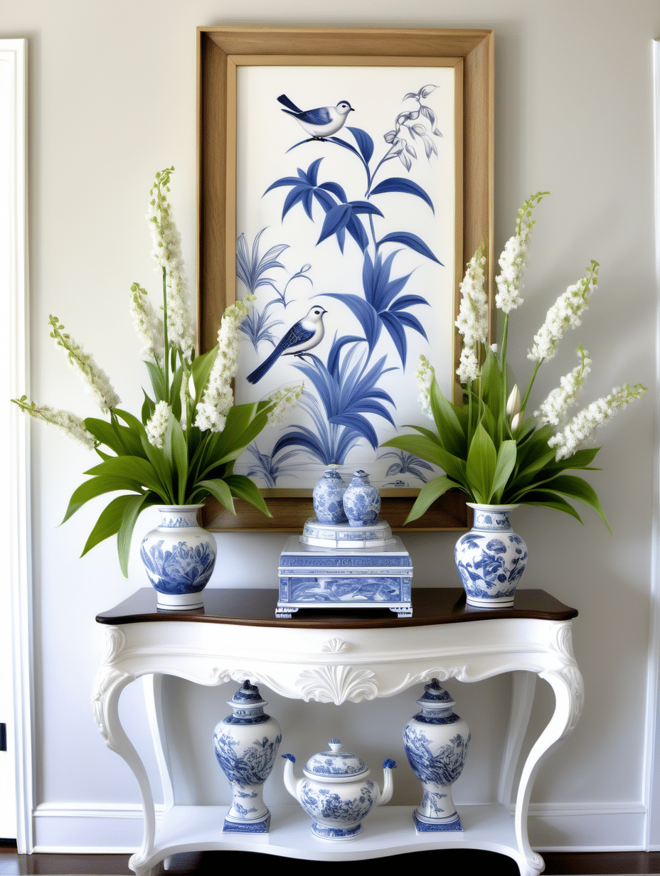chinoiserie vignette on a console table with flowers and a bird print