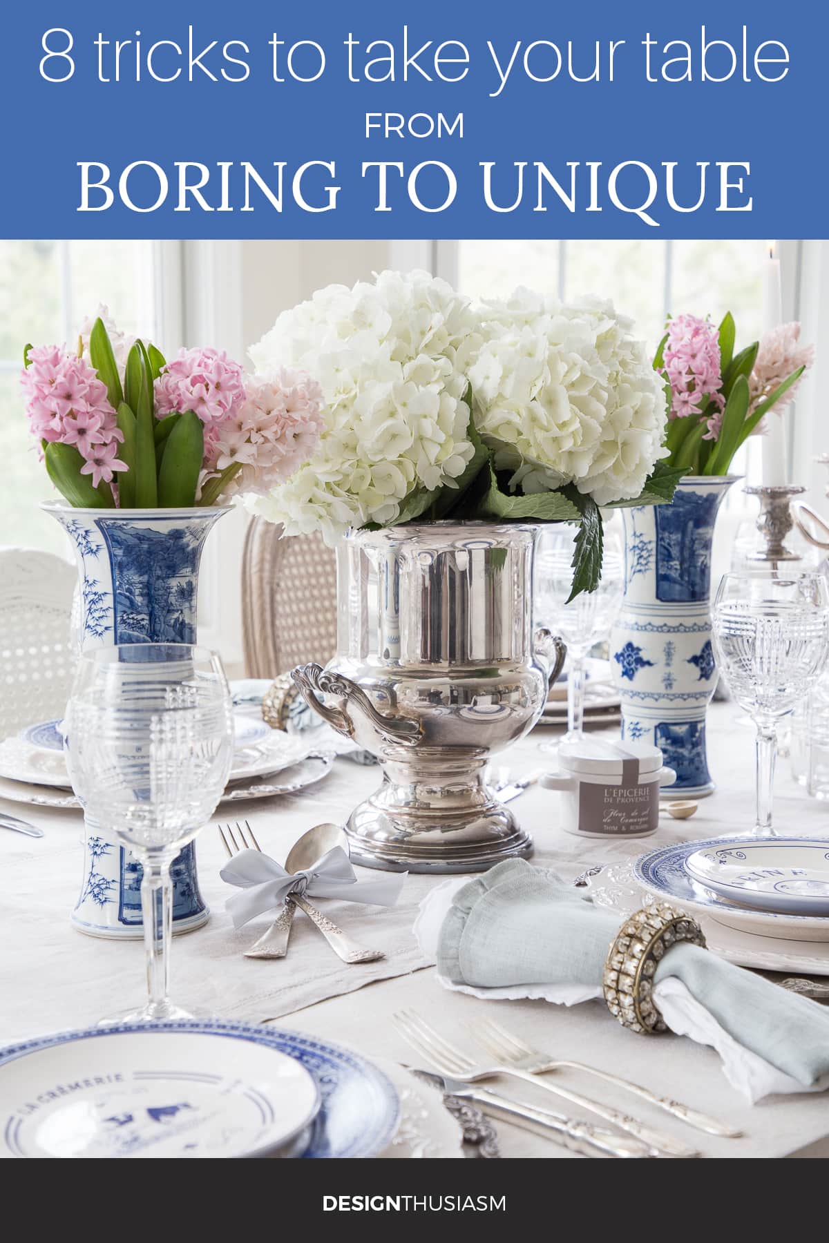 Unique blue and white tablescape