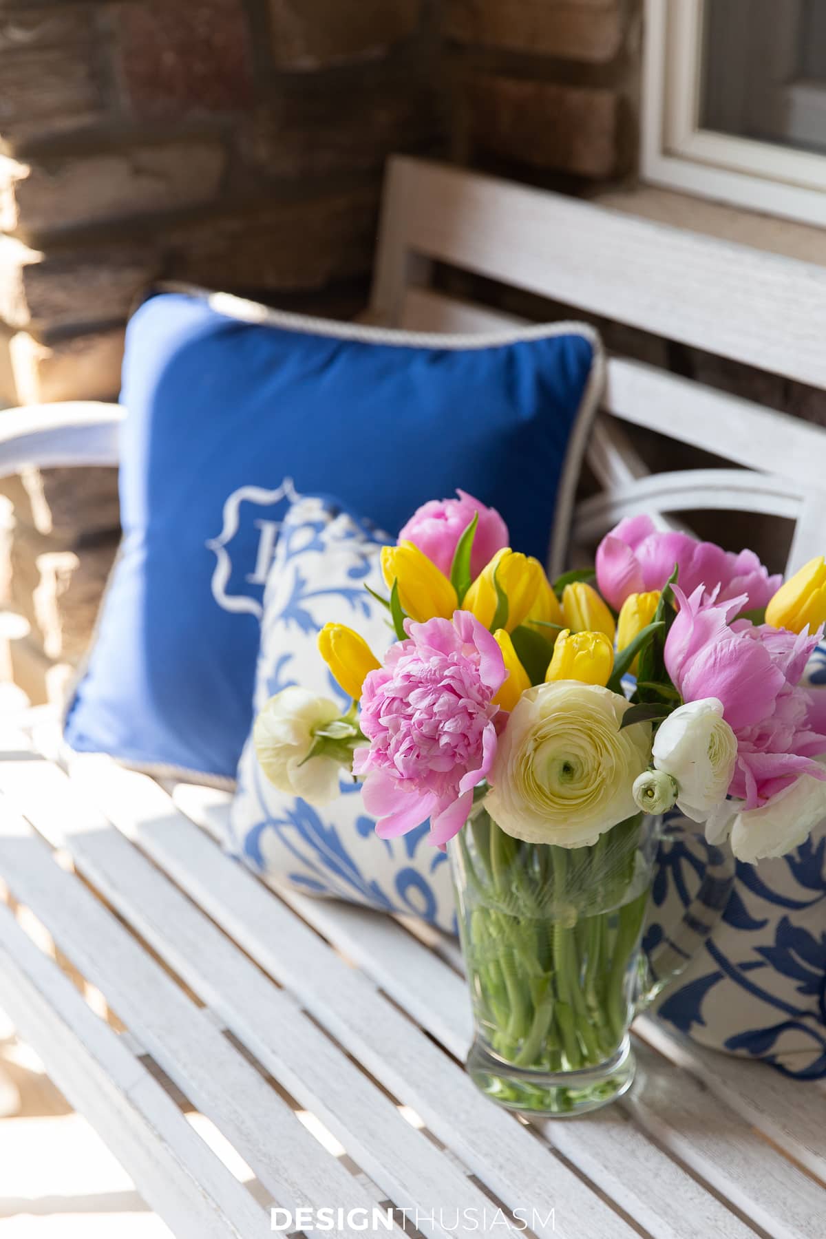 Outdoor Bench with Flowers in Summer Color