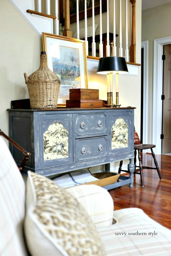 antique sideboard makeover with amy howard one step paint and toile fabric