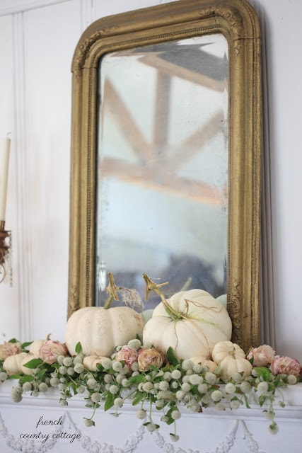 autumn mantel white pumpkins