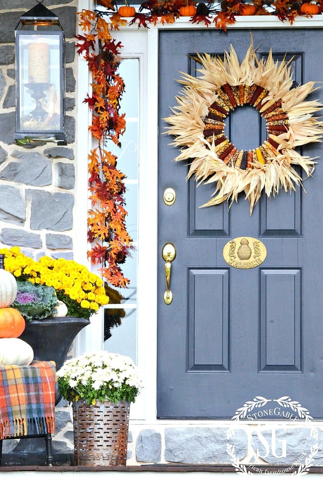 FALL FRONT PORCH-mums-urns-under the porch-stonegableblog.com