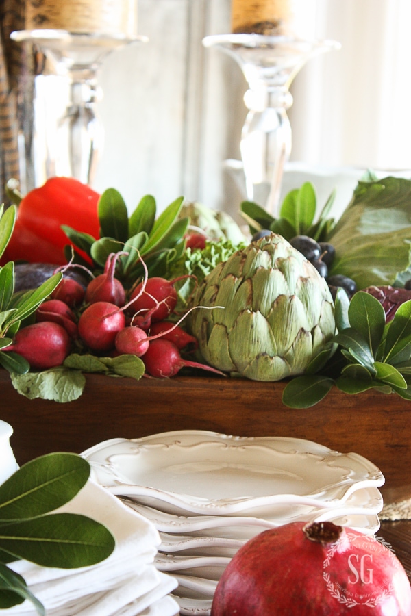 THANKSGIVING EDIBLE DOUGH BOWL CENTERPIECE-artichoke-raddishes-stonegableblog