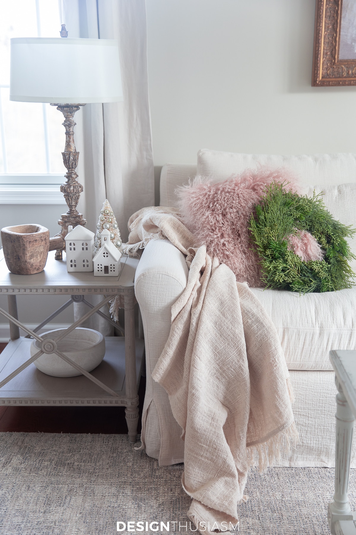 Romantic Christmas decor pillows on the sofa