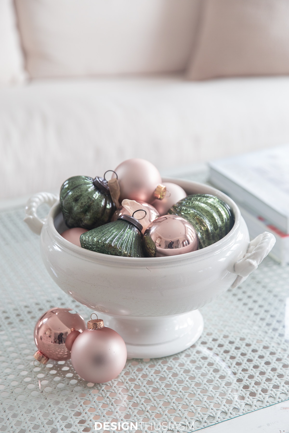 Romantic Christmas decor ornaments in a bowl