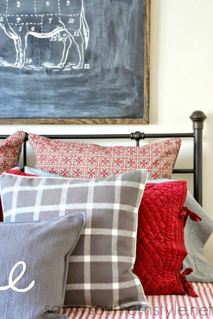 red and gray farmhouse style Christmas bedroom